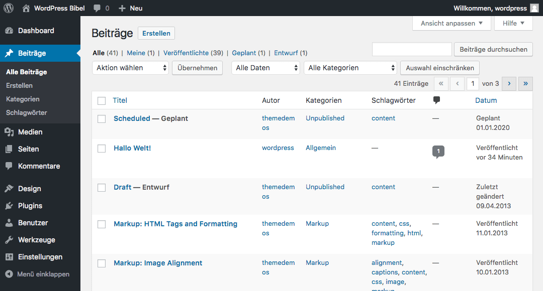 wordpress backend alle beitraege